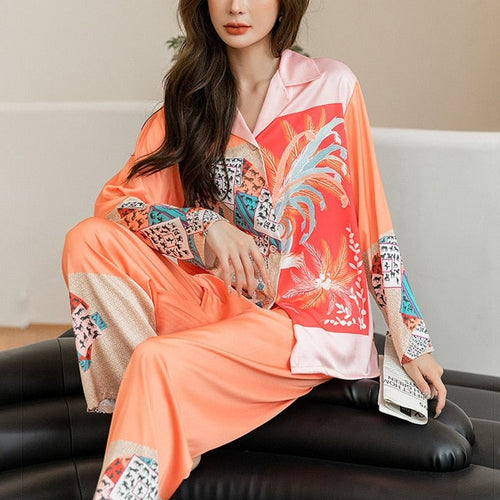 Load image into Gallery viewer, High Quality Women&#39;s Pajamas Set Plant Print Silk Like Homewear Sleepwear Elegant Nightwear Femme Leisure Home Clothes
