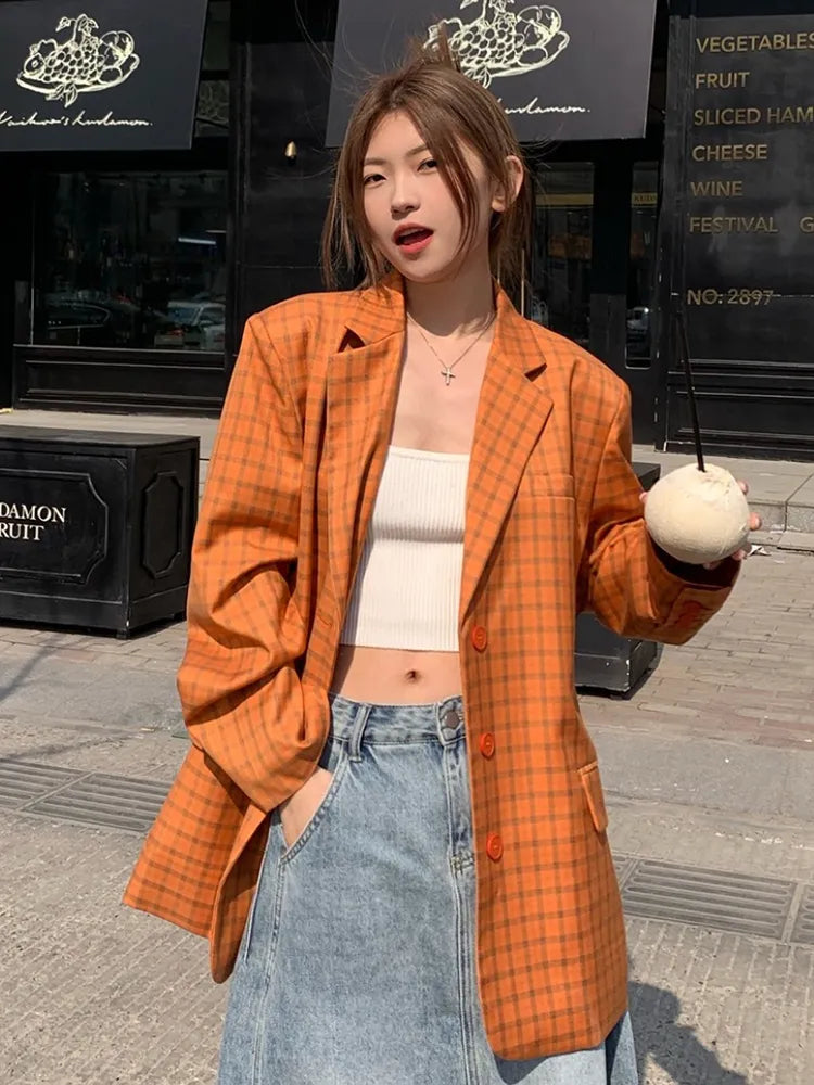 Patchwork Button Blazers For Women Notched Collar Long Sleeve Casual Loose Plaid Blazer Female Fashion Clothing