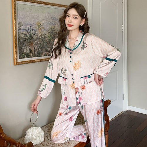 Load image into Gallery viewer, Spring Autumn Silk Like Pajamas Women&#39;s Long Sleeve Pants Fashion Cardigan Flower Print Loose Homewear Two Piece Set
