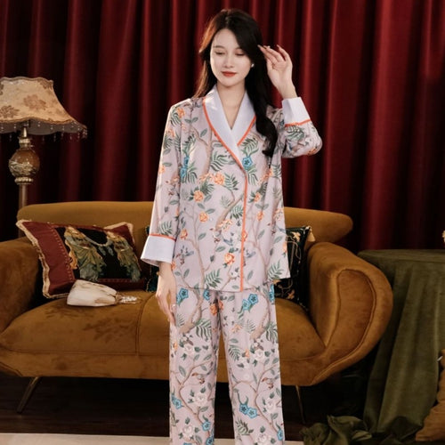 Load image into Gallery viewer, Women&#39;s Imitation Silk Pajamas Spring Autumn Long Sleeve Pants Skincare Lapel Printed Casual Home Clothing Set
