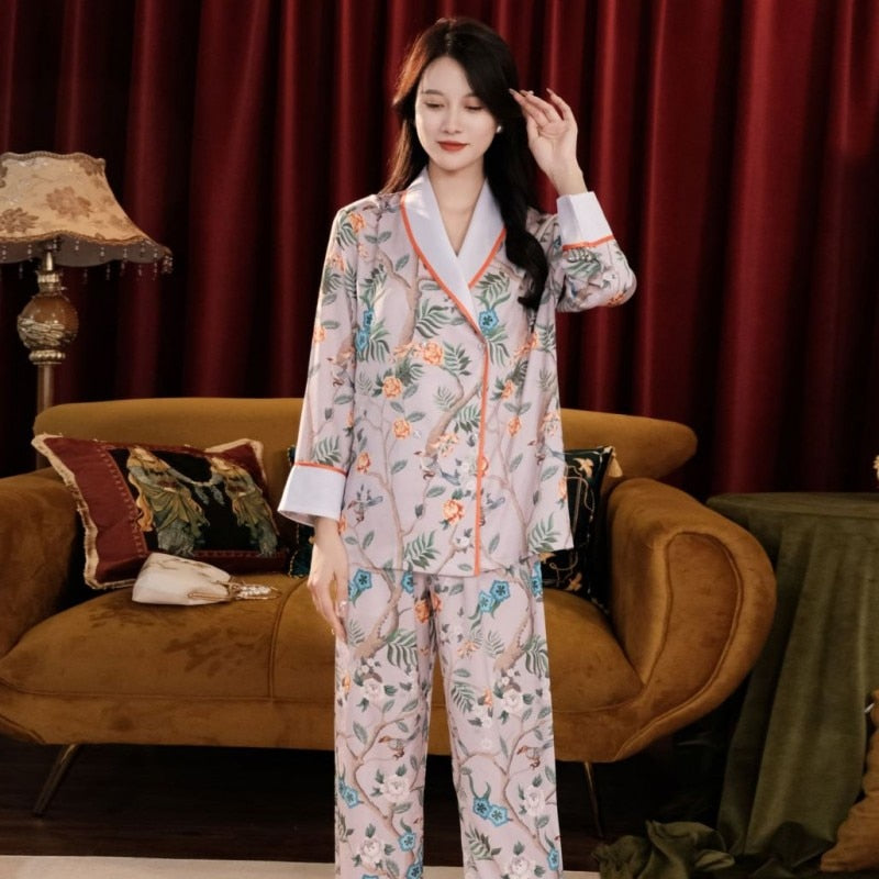 Women's Imitation Silk Pajamas Spring Autumn Long Sleeve Pants Skincare Lapel Printed Casual Home Clothing Set