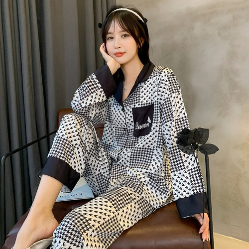 Load image into Gallery viewer, Women&#39;s Spring Summer Pajamas Satin Cardigan Thousand-bird Lattice Long Sleeve Pants Home Suit Loose Casual Homewear
