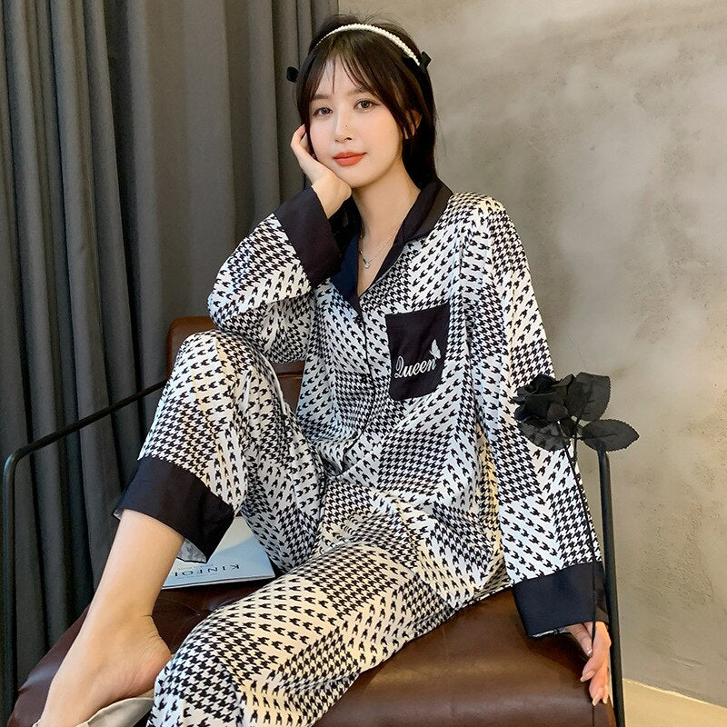 Women's Spring Summer Pajamas Satin Cardigan Thousand-bird Lattice Long Sleeve Pants Home Suit Loose Casual Homewear