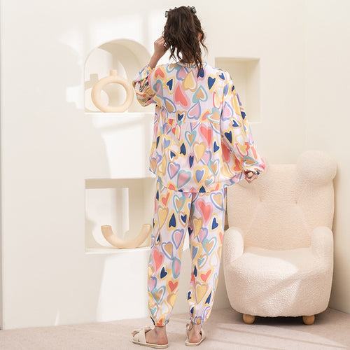 Load image into Gallery viewer, Women&#39;s Spring Summer Thin Cotton Silk Pajamas Ong Sleeved Pants Set Large Size Cardigan Air-conditioned Home Clothing
