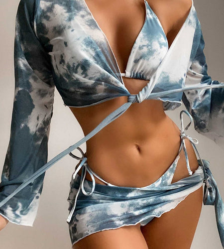 Tie Dye Long Sleeve Bikini Female Swimsuit Women Swimwear Four-pieces Bikini set Sarong Halter Bather Bathing Suit Swim V2921