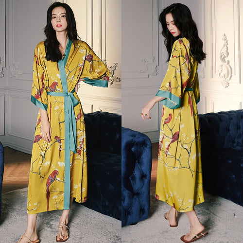 Load image into Gallery viewer, High Quality Women&#39;s Pajamas Long Robe Floral Sleepwear Silk Like Sexy Bathrobe Homewear Luxury Nightwear peignoir femme
