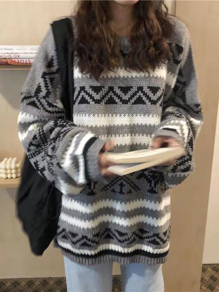 Vintage Pullover Women Sweater Casual O Neck Striped Knitted Jumper Korean Thick Loose Student All Match Winter Tops New