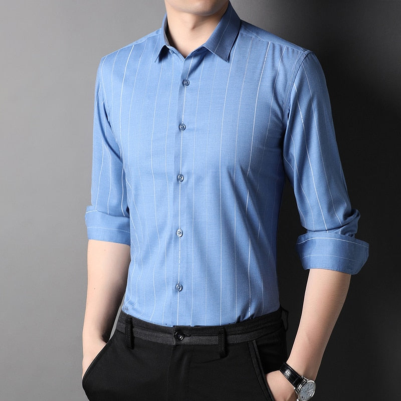 Top Grade Fashion Brand Luxury Designer Shirts Men Vertical Stripes Slim Fit Shirt Long Sleeve Casual Mens Clothing