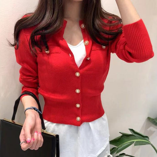 Load image into Gallery viewer, Women Cardigan Sweater Fashion Spring Knitted Long Sleeve Short Coat Chic Korean Slim Button Ladies Soft Tops
