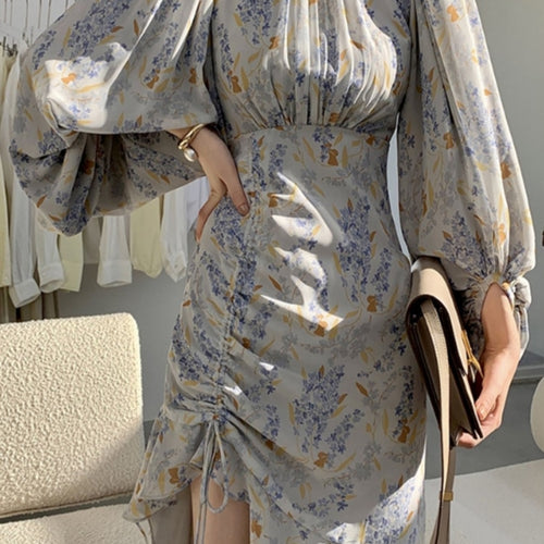 Load image into Gallery viewer, Loose Print Dresses For Women Round Neck Lantern Sleeve Hihg Waist Folds Irregular Hem Hit Color Dress Female
