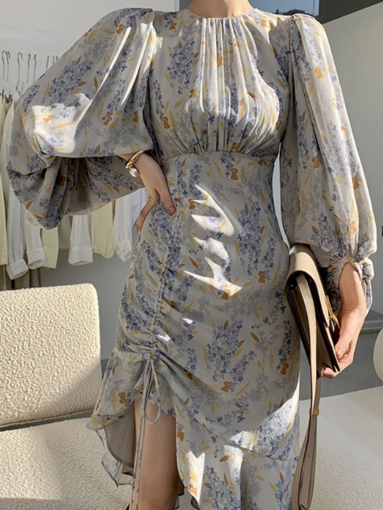 Loose Print Dresses For Women Round Neck Lantern Sleeve Hihg Waist Folds Irregular Hem Hit Color Dress Female