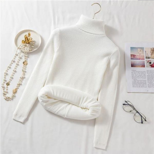 Load image into Gallery viewer, Women Thick Turtleneck Sweater Warm Velvet White Knitted Jumper Casual Pullover Simple Solid Color Female Basic Tops
