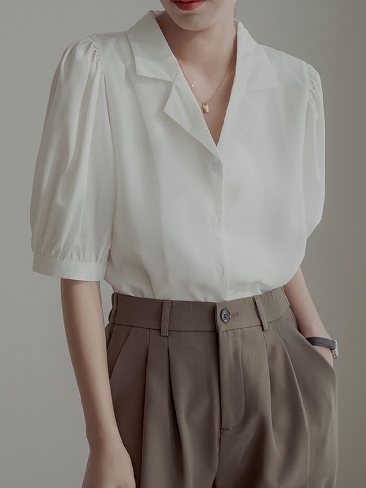 Chiffon Women Shirts Designed Summer Puff Sleeve V Neck White OL Vintage Tops Button Up Casual Slim Female Blouse