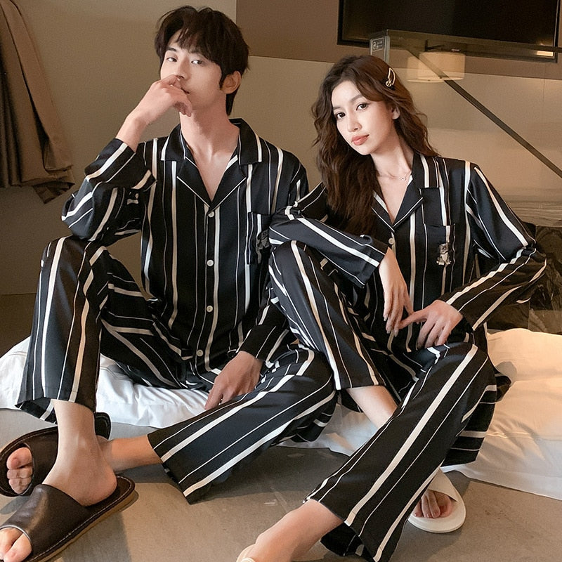 Ice Silk Couple Pajamas Women's Fashion Stripe Long Sleeve Pants 2-piece Suit Men's Large Size Satin Home Clothes