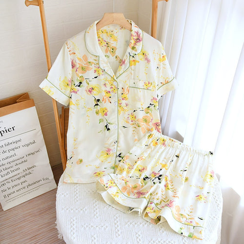 Load image into Gallery viewer, High Quality Women&#39;s Pajamas Set Summer Floral Print Natural Cotton Short Sleepwear Nightwear Homewear Lounge Femme
