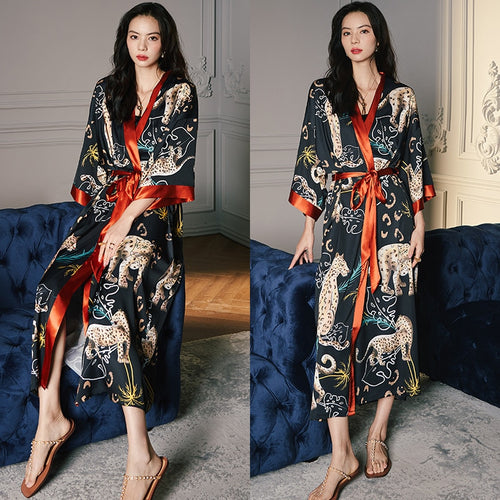 Load image into Gallery viewer, High Quality Women&#39;s Pajamas Long Robe Floral Sleepwear Silk Like Sexy Bathrobe Homewear Luxury Nightwear peignoir femme
