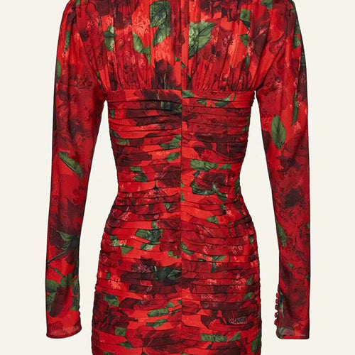 Load image into Gallery viewer, Patchwork Floral Dresses For Women V Neck Long Sleeve High Waist Elegant Folds Dress Female Fashion Style Clothing
