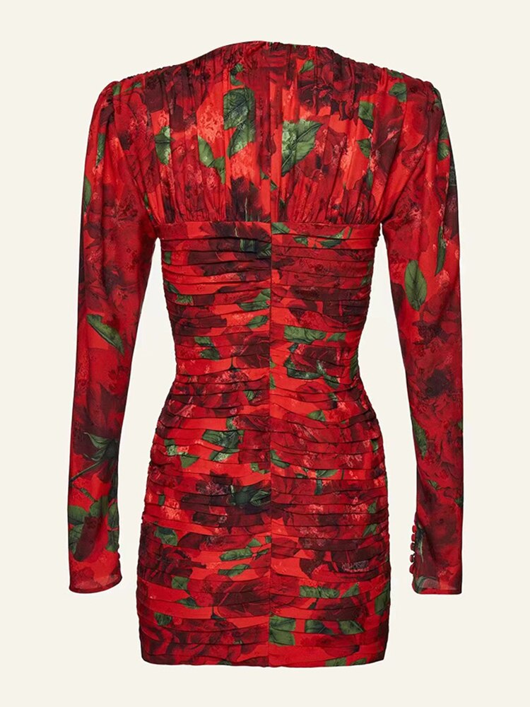 Patchwork Floral Dresses For Women V Neck Long Sleeve High Waist Elegant Folds Dress Female Fashion Style Clothing