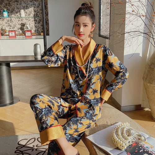 Load image into Gallery viewer, Spring Autumn Pajamas Women&#39;s Thin Silk Like Loose Lapel Long-sleeved Trousers Suit Large Korean Home Clothing Set
