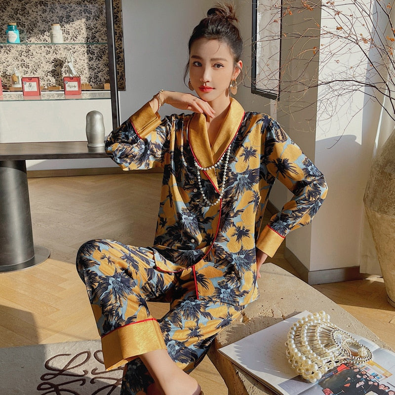 Spring Autumn Pajamas Women's Thin Silk Like Loose Lapel Long-sleeved Trousers Suit Large Korean Home Clothing Set