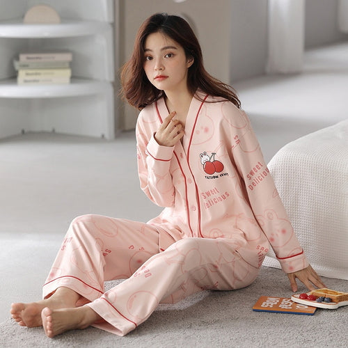 Load image into Gallery viewer, Women&#39;s Pajamas Set Cotton Cute Cartoon Print Sleepwear V Neck Homewear Casual Nightwear Femme Nightie for Girl
