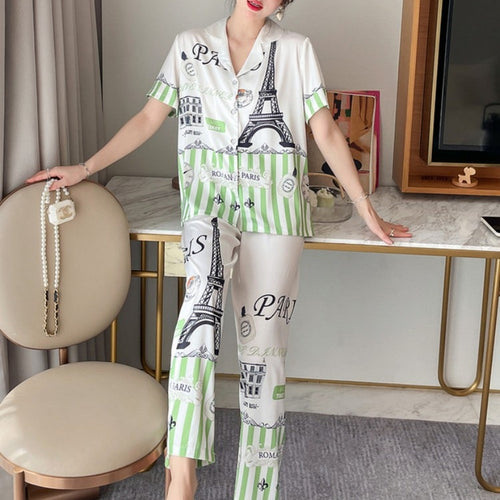 Load image into Gallery viewer, Women&#39;s Imitation Silk Pajamas Short Sleeve Pants Two-piece Set Spring Summer Fashion Thin Cardigan Large Home Suit
