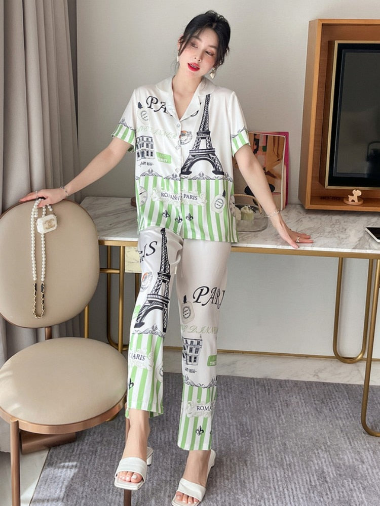 Women's Imitation Silk Pajamas Short Sleeve Pants Two-piece Set Spring Summer Fashion Thin Cardigan Large Home Suit