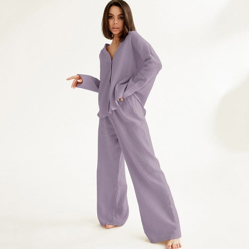 Load image into Gallery viewer, V-neck Long-sleeved Pajamas Women&#39;s Cotton Linen Home Suit Fashion Loose Shirt High Waist Wide Leg Pants Two-piece Set
