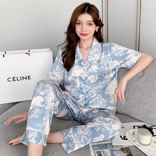 Load image into Gallery viewer, Women Pajamas Short Sleeve Pants Two Piece Set Summer Silk Thin Lapels Sweet Cardigans Large Size Casual Home Clothing
