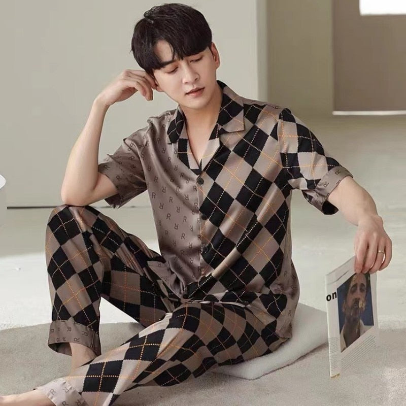 Men's Spring Autumn Sleepwear Youth Large Homewear Luxury Contrast Color Urban Leisure Comfortable Boys' Pajama Set