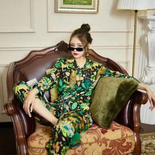 Load image into Gallery viewer, Luxury Spring Summer Women&#39;s Simulated Silk Pajamas Jungle Leopard Comfortable Sleepwear Long Sleeve Pants Home Suit
