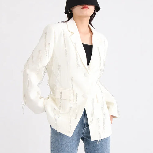 Load image into Gallery viewer, Solid Loose Blazers For Women Notched Collar Long Sleeve Patchwork Tassel Casual Blazer Female Fashion Clothing
