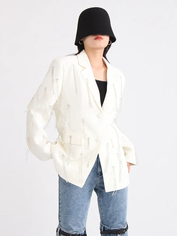 Solid Loose Blazers For Women Notched Collar Long Sleeve Patchwork Tassel Casual Blazer Female Fashion Clothing