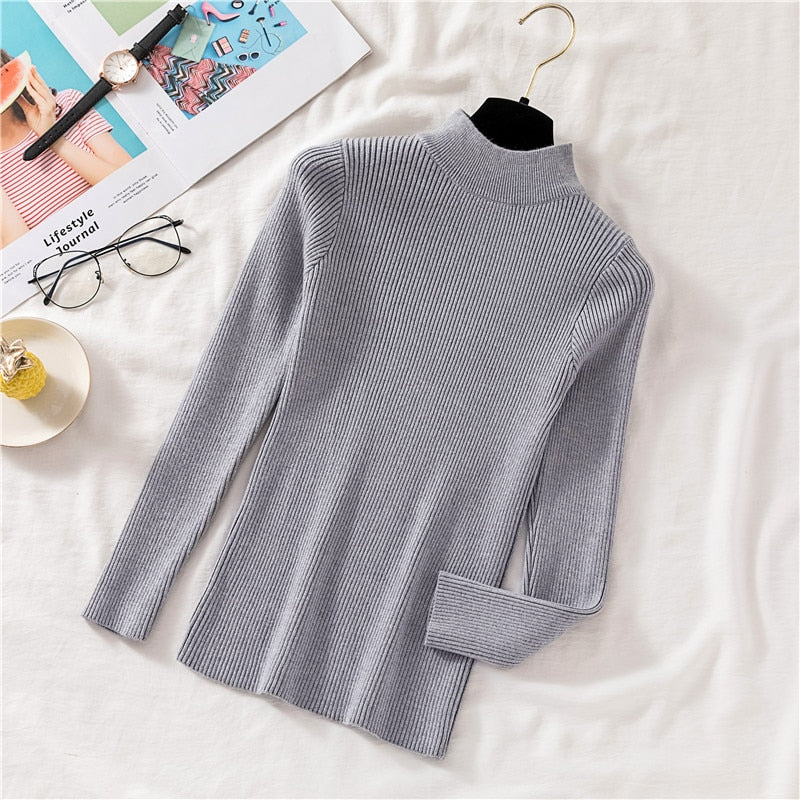 Autumn Women Pullover Sweater Half Turtleneck Long Sleeve Knitted Jumper Winter Elastic Solid Basic Ladies Blouse