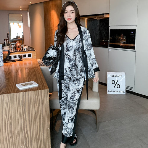 Load image into Gallery viewer, Women&#39;s Pajamas 3-Piece Set Ink Jungle Print Kimono Robe Sleepwear Faux Silk Homewear V Neck Nightwear Casual Loungewear
