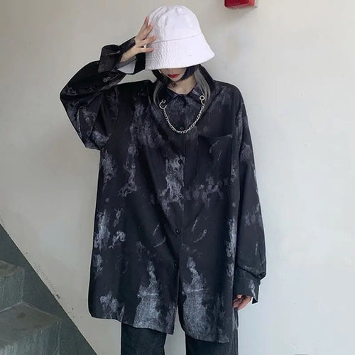 Load image into Gallery viewer, Oversize Tie Dye Women Shirts Dark Academic Long Sleeve Chain Bear Button Up Oversize Tops Gothic Streetwear Black Shirt
