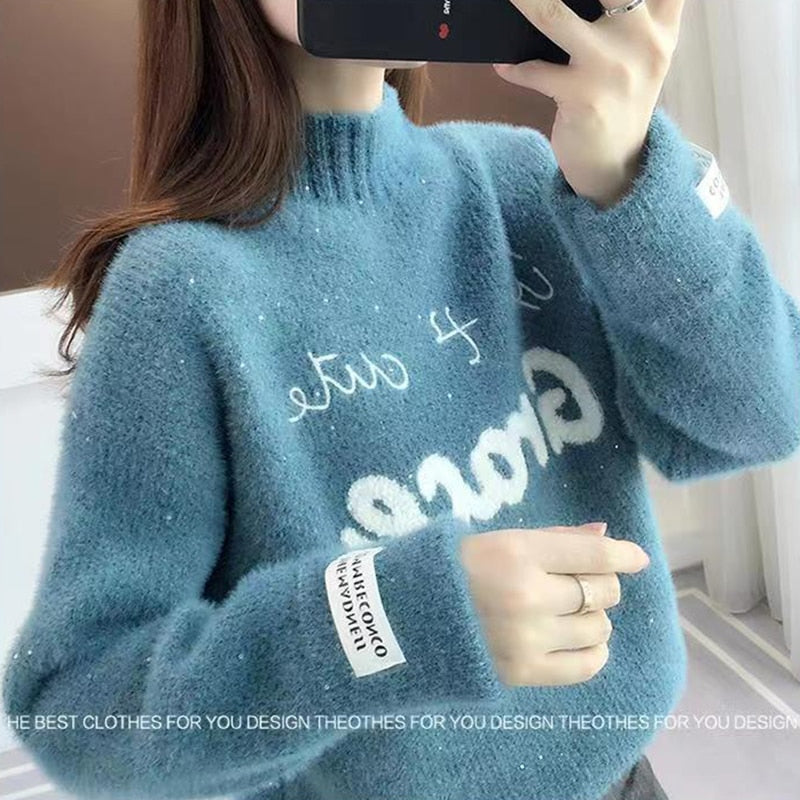 Women Half Turtleneck Sweater Autumn Fashion Letter Loose Pullover Knit Jumper Long Sleeve Letter Top Casual Warm Blouse