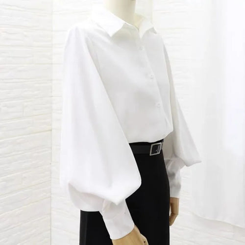 Load image into Gallery viewer, Fashion Lantern Sleeve Shirts Elegant Women Designed Button Up Tops Office Ladies Solid Color All Match Spring White Shirts

