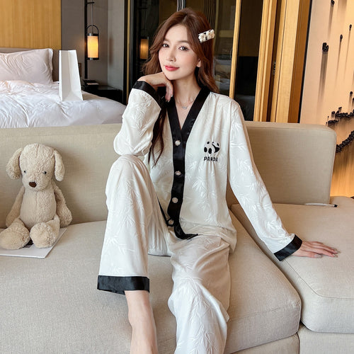 Load image into Gallery viewer, Women&#39;s Pajamas Set Velvet Panda and Bamboo Pattern Sleepwear Casual Homewear V Neck Nightwear Pyjama Femme Petite
