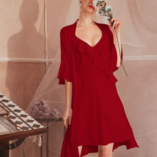 Load image into Gallery viewer, High Quality Women&#39;s Pajamas Robe Set Sexy Ruffle edge Bathrobe Deep V Sling Dress Sleepwear Homewear Nightgown Femme
