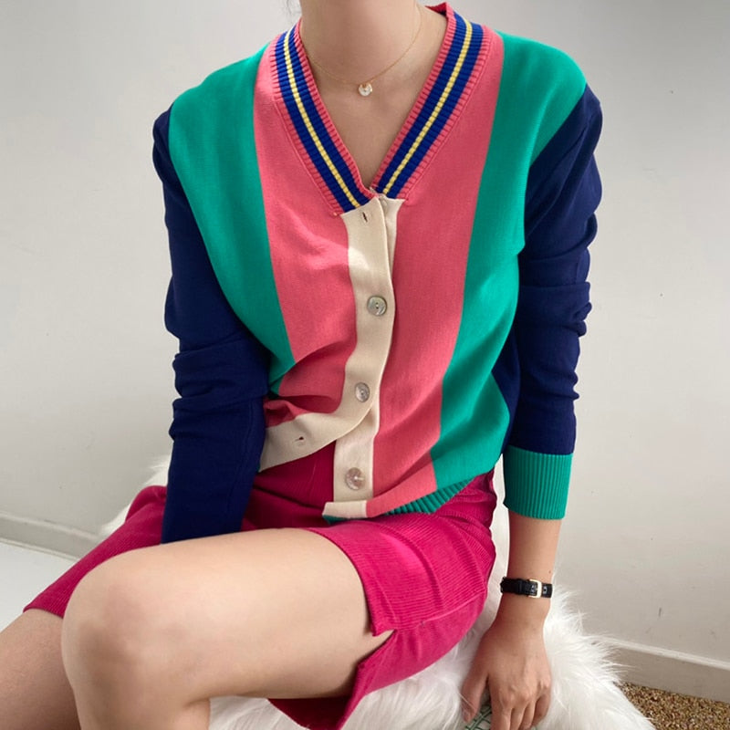 Design Striped Women Cardigan Sweater Korean V Neck Button Up Winter Thin Jacket Long Sleeve Knit All Match Female Jumper