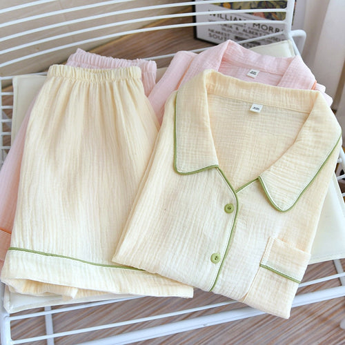 Load image into Gallery viewer, Woven Cotton Pajamas Women&#39;s Summer Thin Short Sleeve Shorts Two Piece Set Sweet Solid Color Lapel Cardigan Homewear
