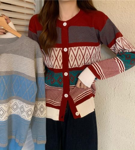 Fashion Argyle Plaid Women Cardigan Sweater Casual O Neck New 2022 Long Sleeve Knit Cardigans Red Korean Loose Fall Coats