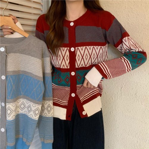 Load image into Gallery viewer, Fashion Argyle Plaid Women Cardigan Sweater Casual O Neck New 2022 Long Sleeve Knit Cardigans Red Korean Loose Fall Coats
