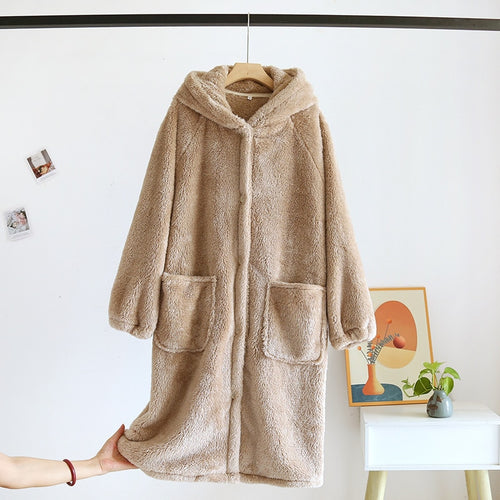 Load image into Gallery viewer, Women&#39;s Pajamas Robe Warm Thick Flannel Solid Sleepwear Casual Homewear Cute Hoodie Top Nightwear Femme New for Winter
