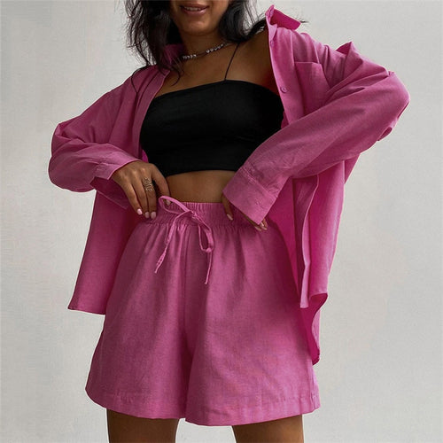 Load image into Gallery viewer, Women&#39;s Pajamas Set Summer Solid Color Fashion Suit Casual Wear Leisure Long Sleeve Shirt Shorts Female 2pcs Homewear
