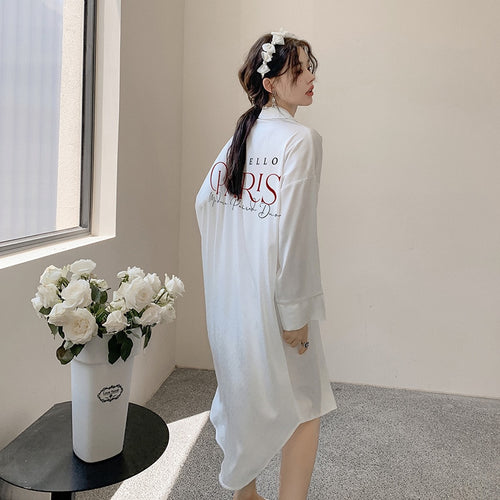 Load image into Gallery viewer, Women&#39;s Summer Pajamas Medium Length Skirt Nightwear Sweet Girl Cartoon Cardigan Homewear Lapel Loose Cool Sleepwear
