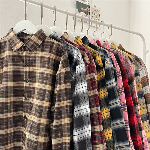 Load image into Gallery viewer, Vintage Plaid Shirts Fashion Button Up Spring Shirt Long Sleeve Turn Down Collar Tops Loose Oversize Ladies Tops
