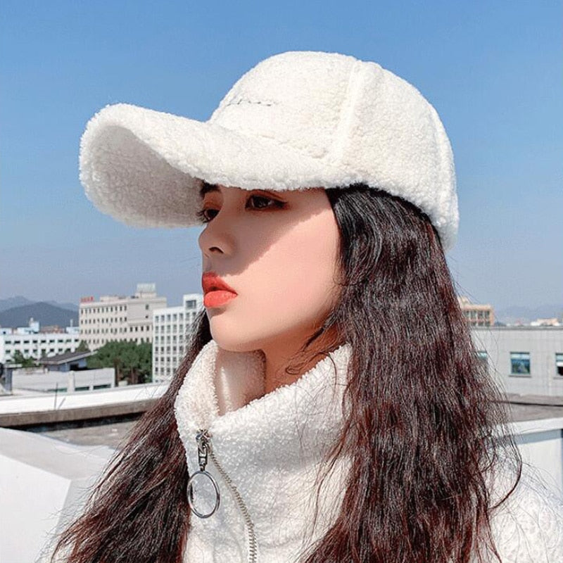 Lamb Wool Baseball Cap Letter Embroidery Women Sun Hat Lady Girls Outdoor Warm Winter Spring Plush Caps