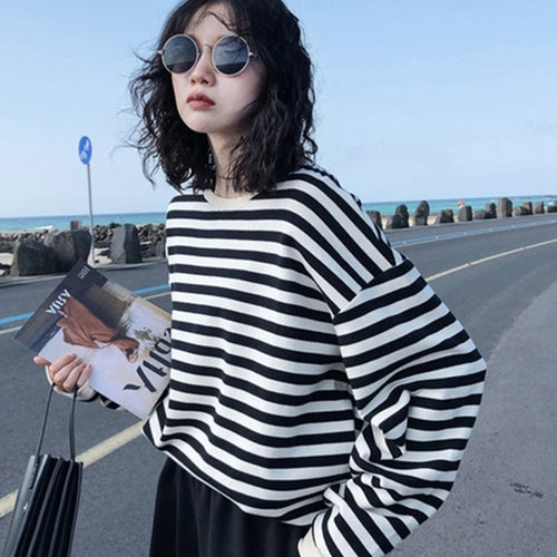 Load image into Gallery viewer, Fashion Striped Women Sweatshirt Harajuku Casual O Neck Cotton Tops Spring Long Sleeve Blue Oversized Female Hoodies
